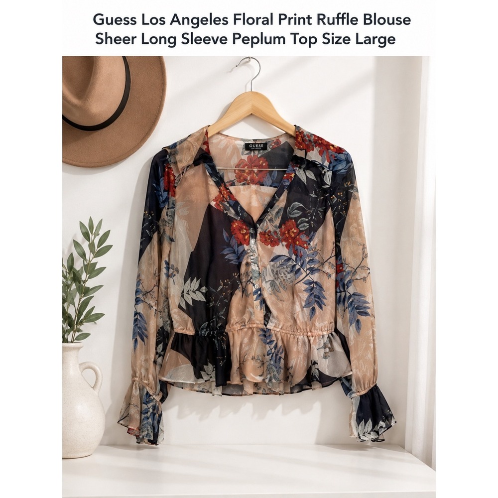 Guess Floral Peplum Blouse‎ Large Sheer Long Sleeve Ruffle Boho Top